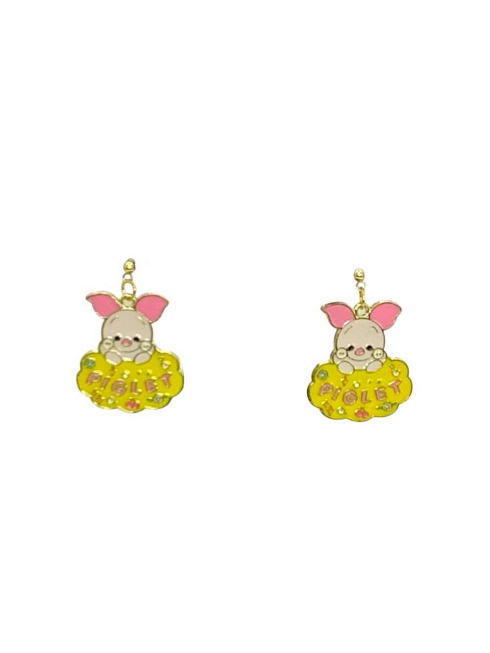 Piglet Stud Dangle Earrings with Pink and Yellow Accents - Picture 2 of 4